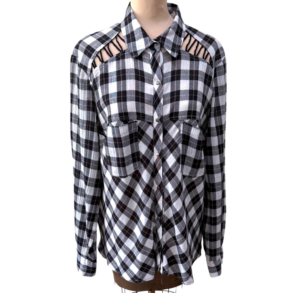 Free People Plaid Fringer Shoulder Shirt Medium Boho Grunge Festival Western
